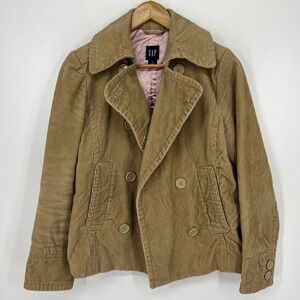 Gap Womens Tan Corduroy Double Breasted Peacoat Jacket Pink Lining Small Vtg 90s